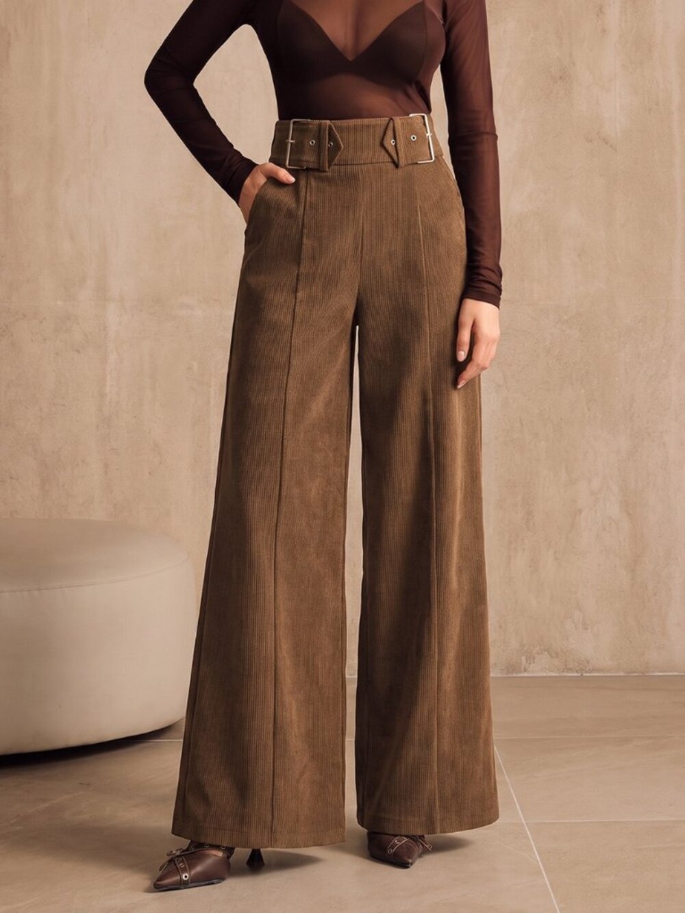 Mocha Brown Elegant Women's Metal Buckle Decor Corduroy Wide Leg Long Pants